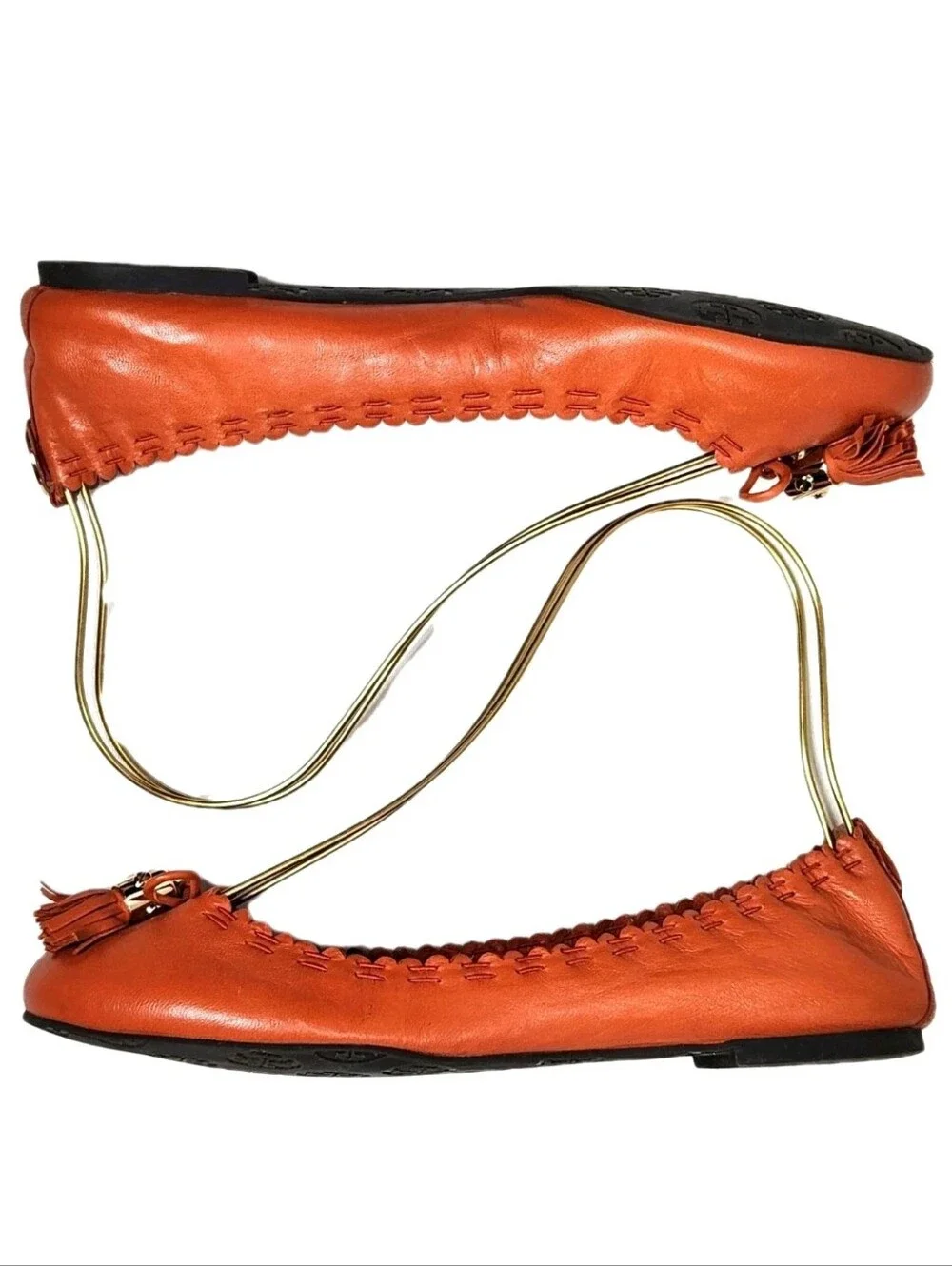 TORY BURCH Reese Mestico Tassel Flats Sz 8 Orange Leather Scalloped Stretch